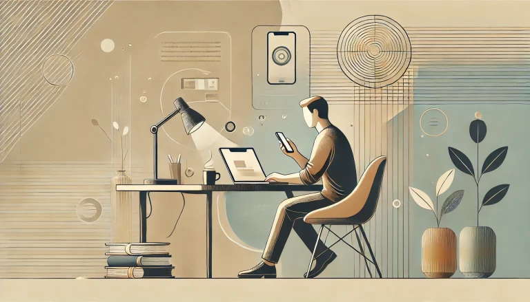 DALL·E 2025 01 02 02.52.24 A sleek modern horizontal illustration with an early 2010s aesthetic featuring a person at a stylish desk working on a laptop with a smartphone near
