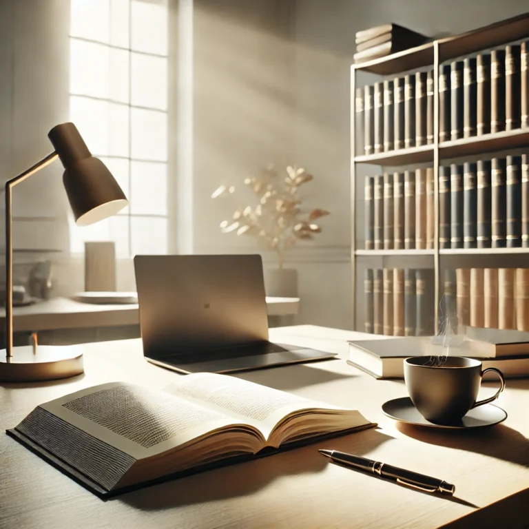 Kitaplar, dizüstü bilgisayar ve kahve fincanıyla aydınlık bir ofis ortamı – Vaveyla Yayınevi konseptli modern çalışma alanı.
