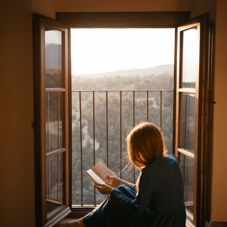 Açık pencere önünde kitap okuyan kadın, gün batımı manzarası eşliğinde sessiz bir anın keyfini çıkarıyor.
