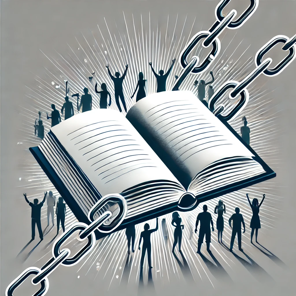 Wattpad imza kampanyası ve özgür edebiyat temalı görsel – Zincirleri kıran açık kitap ve arka planda kalabalık figürler.