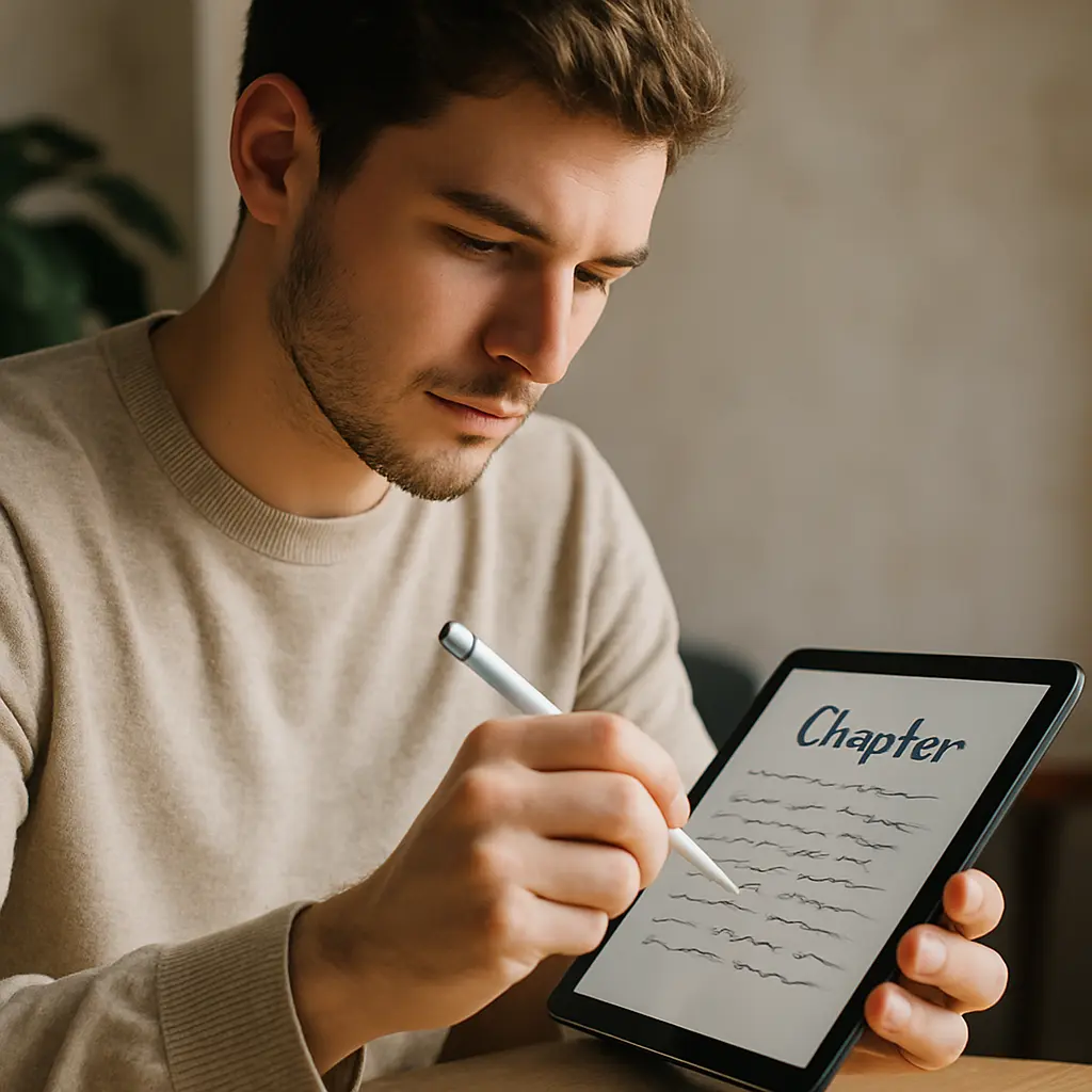 Bir genç adam kitap yazma uygulamasına dijital kalemle tablet üzerinde “Chapter” başlıklı bir metin yazıyor.