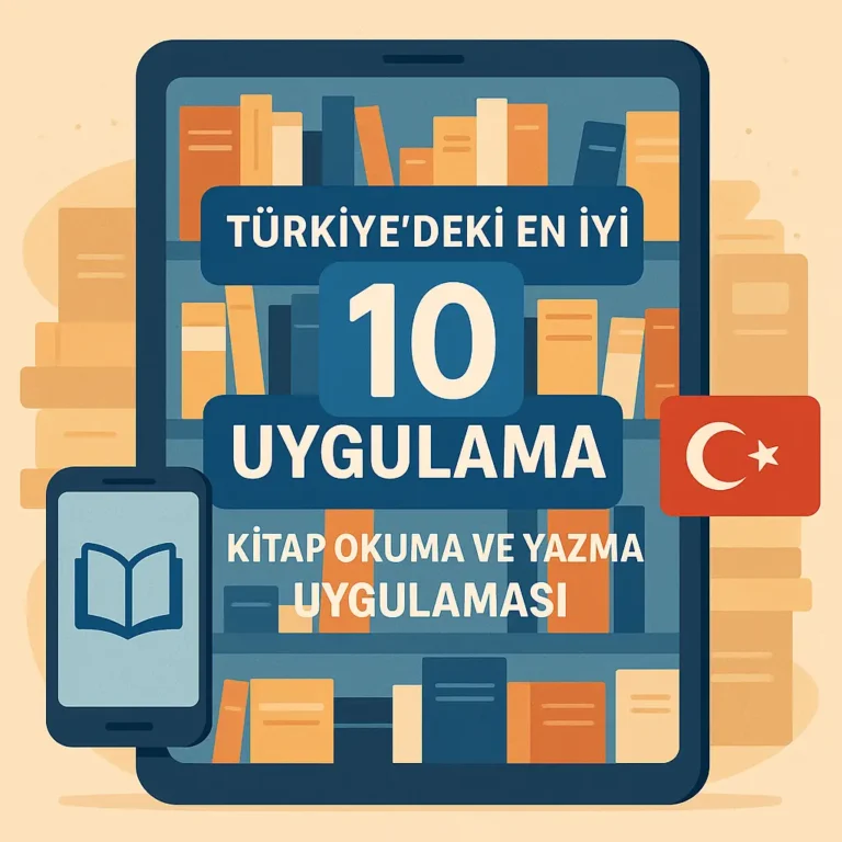 Tablet ekranında kitaplık temalı dijital arka plan üzerinde “Türkiye’deki En İyi 10 Uygulama – Kitap Okuma ve Yazma Uygulaması” yazısı yer alıyor. Yanında Türk bayrağı ve kitap simgeli akıllı telefon bulunuyor.
