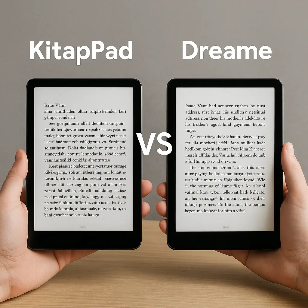 İki kişinin elinde KitapPad ve Dreame uygulamaları açık şekilde duran tabletler karşılıklı yerleştirilmiş; ortada büyük “VS” harfleri görülüyor.