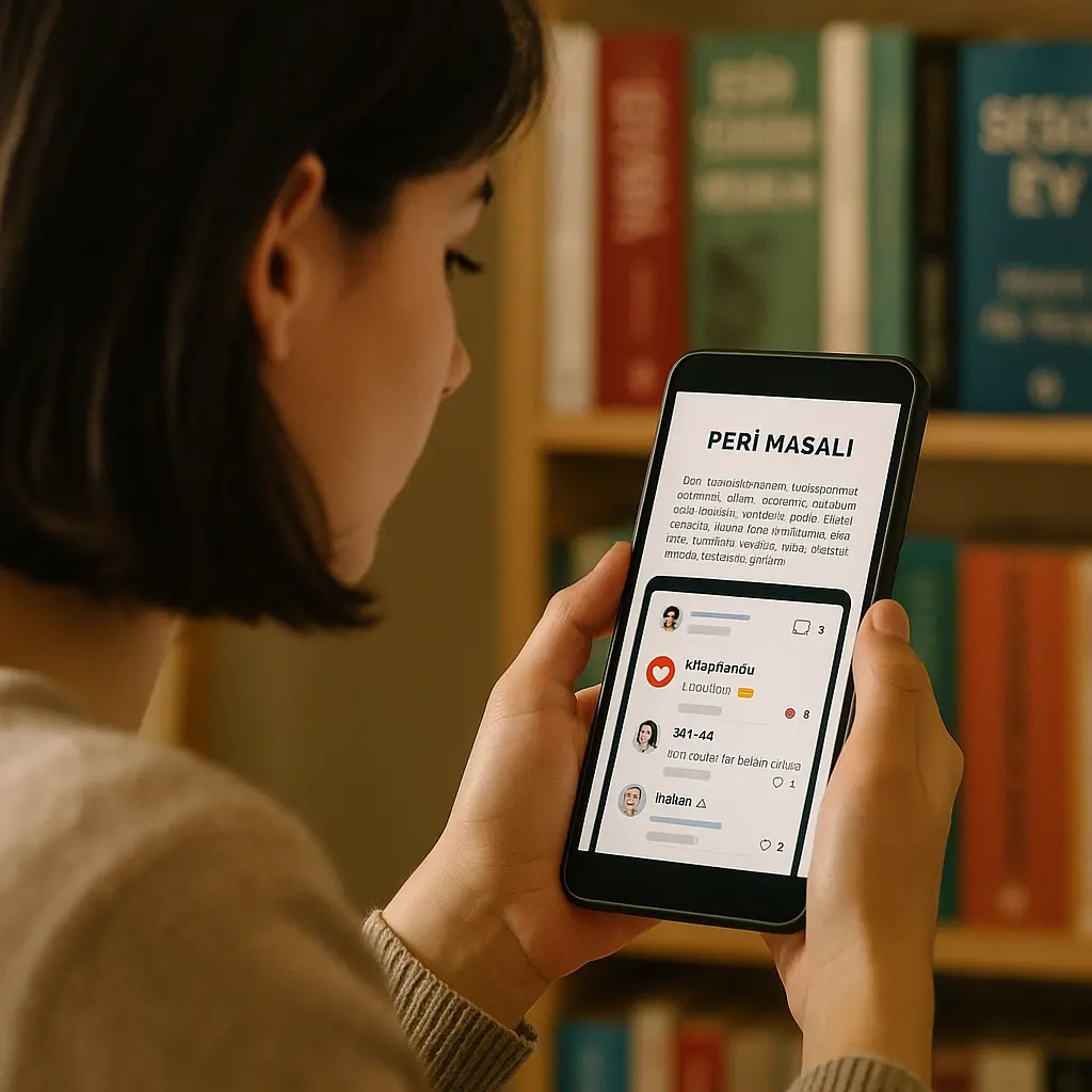 Genç bir kadın telefon ekranında “Peri Masalı” başlıklı hikâyeyi okuyor; ekranda yorumlar görülüyor, arka planda bulanık kitaplık yer alıyor.