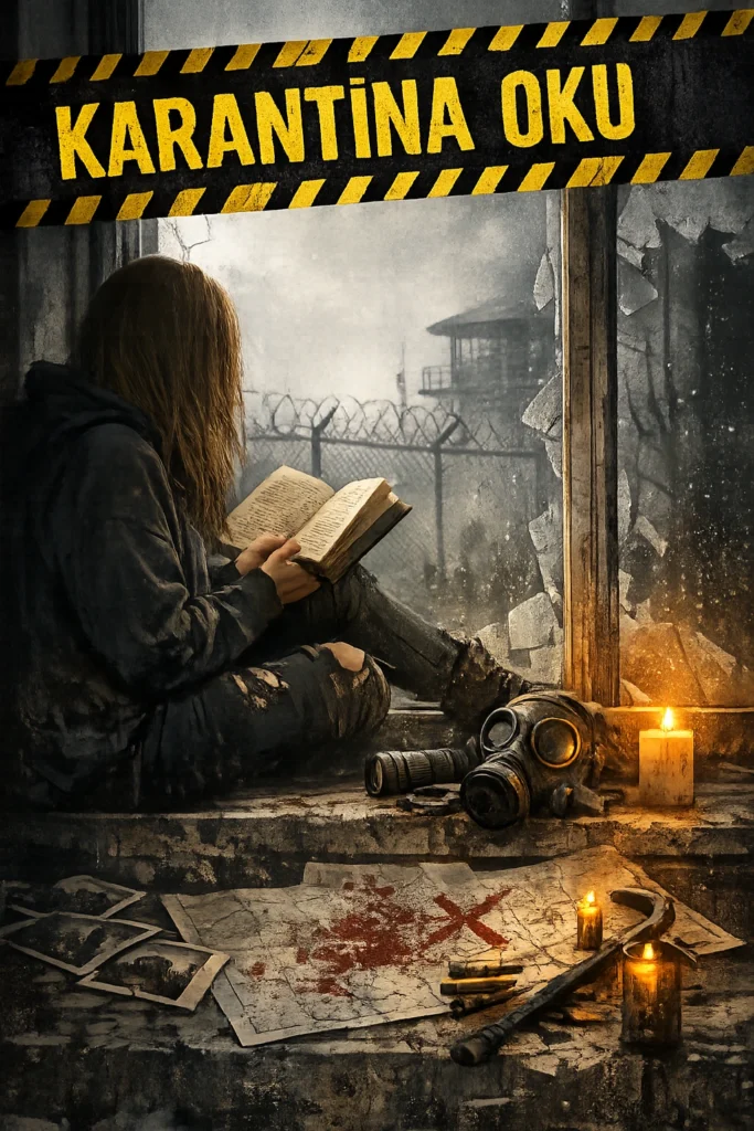 Karantina oku yazılı bir afiş. Kadın karantina bölgesinde kitap okuyor.