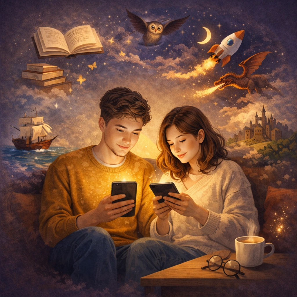 Kitap uygulaması kullanan bir çift gösteriliyor. Ellerinde telefon var.