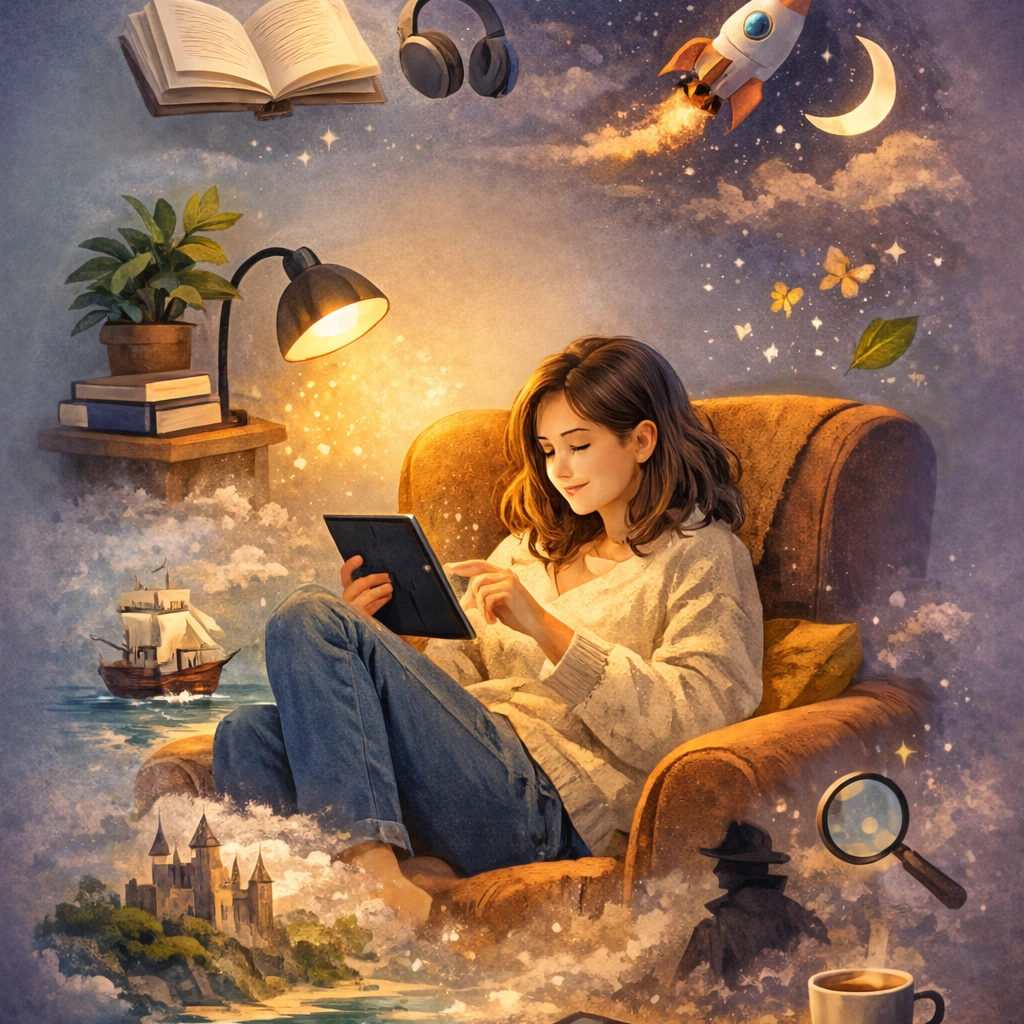 Telefonun bir kitap okuma uygulaması kullanan kız gösteriliyor