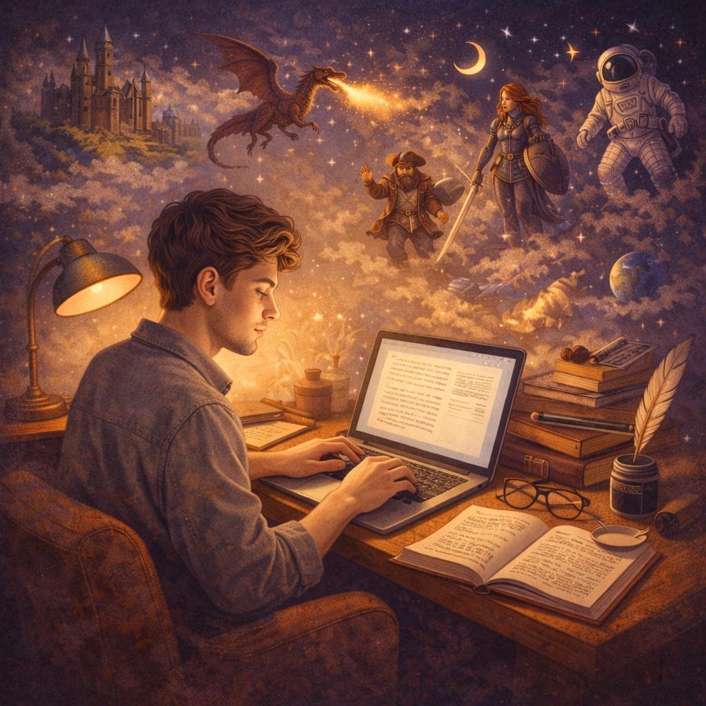 Kitap yazma programı kullanarak kendi kitabını yazarn bir genç gösteriliyor. Önünde laptop ve kitap var.