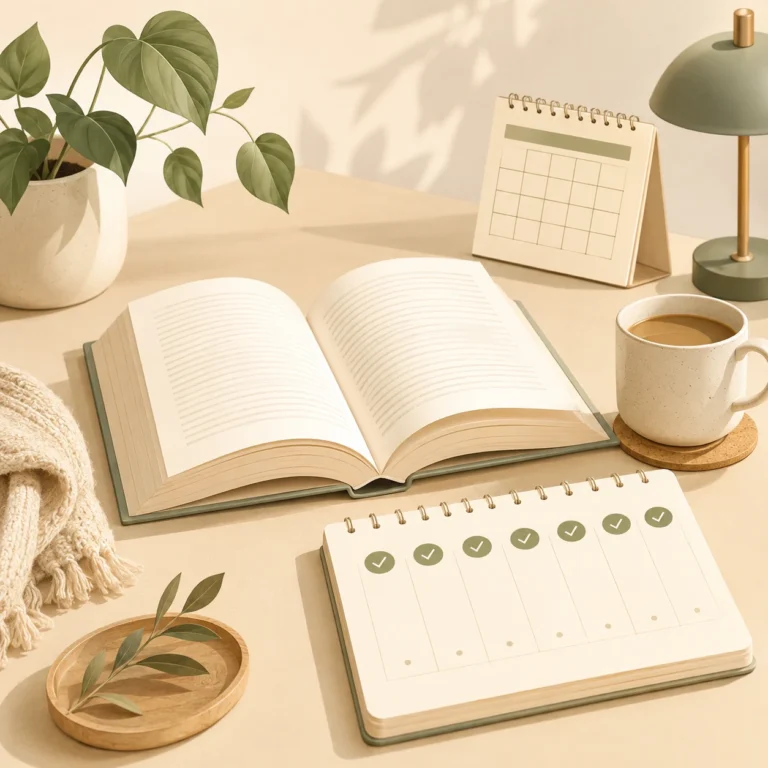 7 günlük kitap okuma başlangıç planını temsil eden açık kitap, haftalık takip çizelgesi ve kahve bulunan sade okuma masası