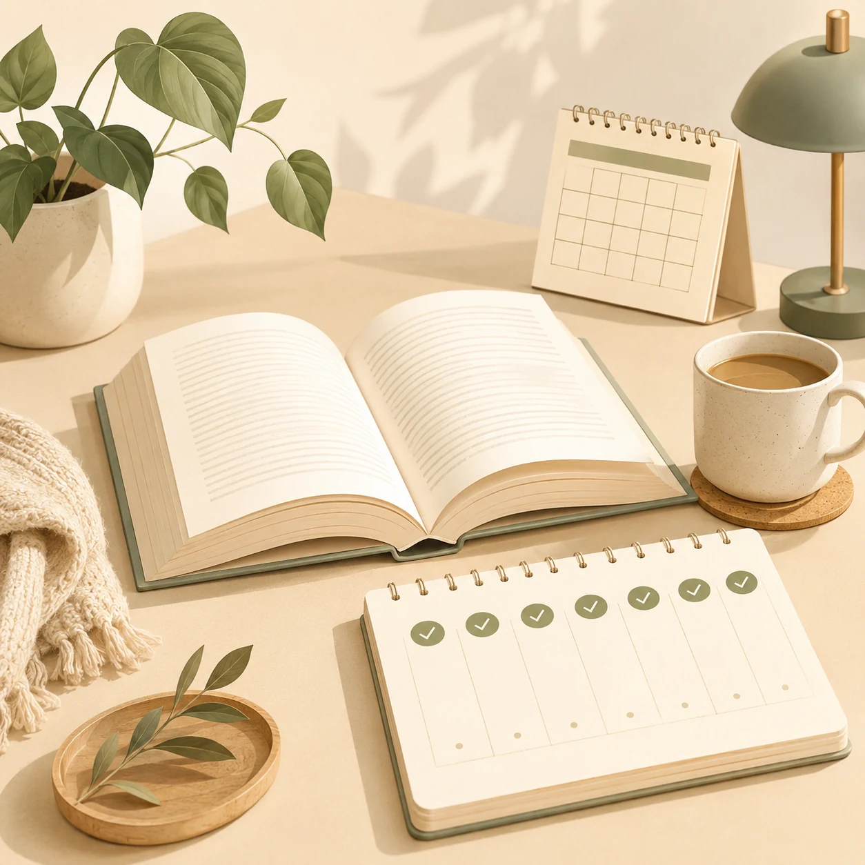 7 günlük kitap okuma başlangıç planını temsil eden açık kitap, haftalık takip çizelgesi ve kahve bulunan sade okuma masası