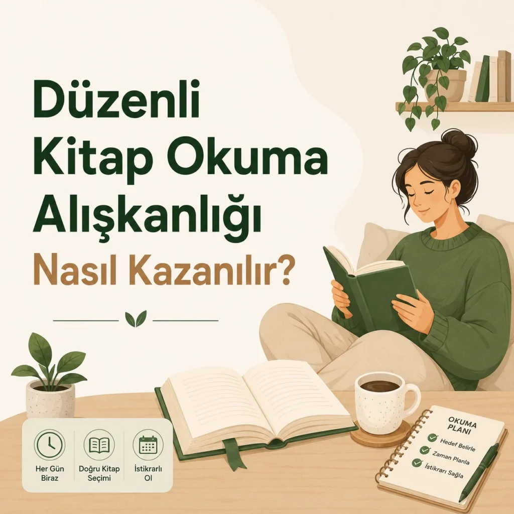 Düzenli kitap okuma alışkanlığı kazanmak için kitap okuyan kadın, açık kitap, kahve ve okuma planı