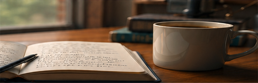 Açık defter, kalem, kitaplar ve kahve ile No 26 romanındaki yazarlık teması
