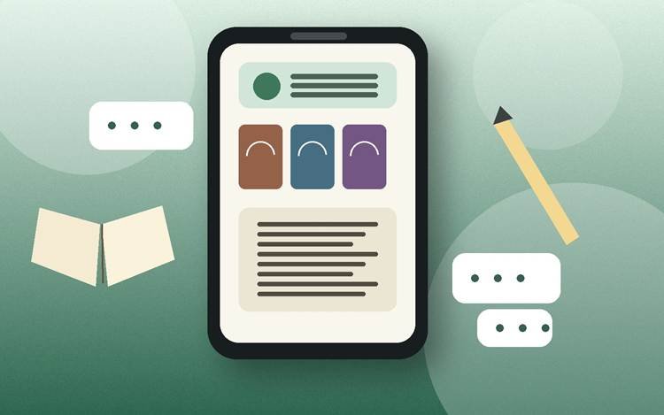 Akıllı telefon ekranında kitap kartları, okuma sayfası, açık kitap ve kalemle Vaveyla kitap okuma yazma uygulamasını simgeleyen görsel