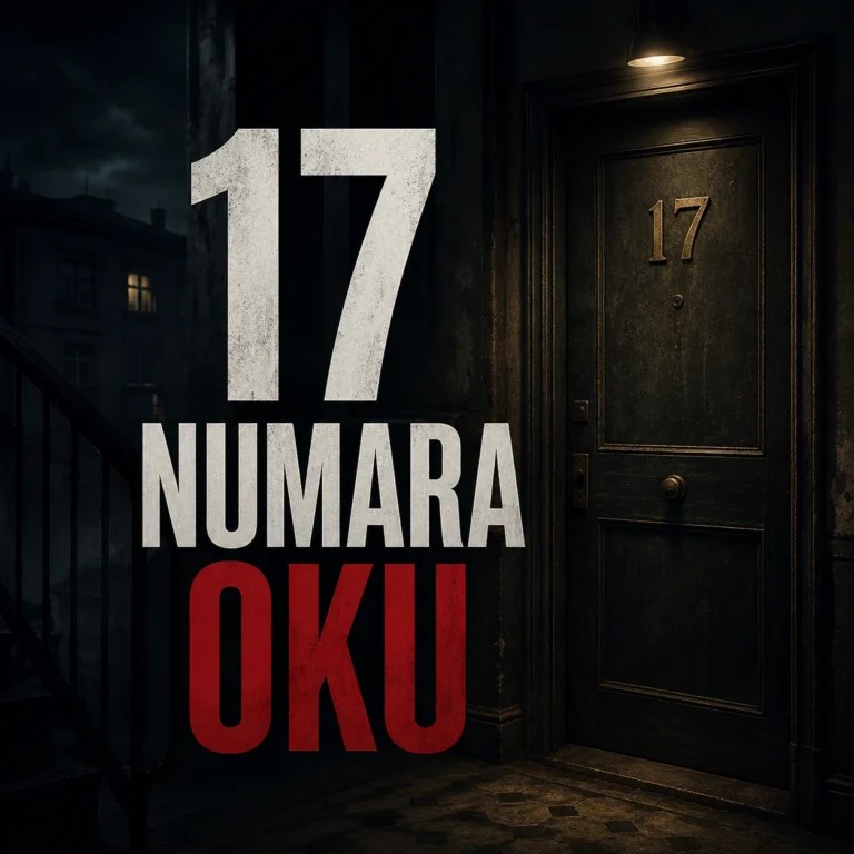 Üzerinde “17 Numara Oku” yazan, karanlık bir apartman koridoru ve 17 numaralı kapı bulunan görsel