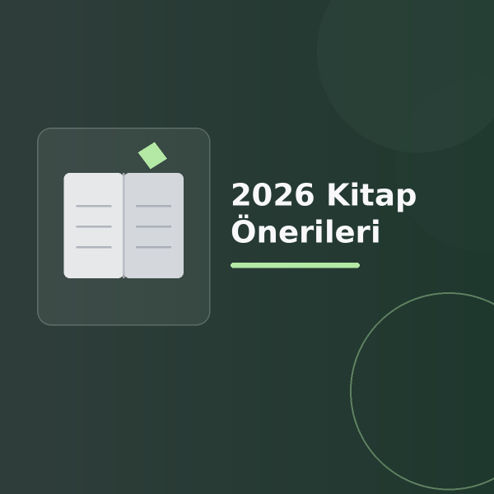 Üzerinde “2026 Kitap Önerileri” yazan, koyu degrade zeminde stilize açık kitap, sayfa çizgileri ve modern geometrik şekiller bulunan dijital yayıncılık görseli.