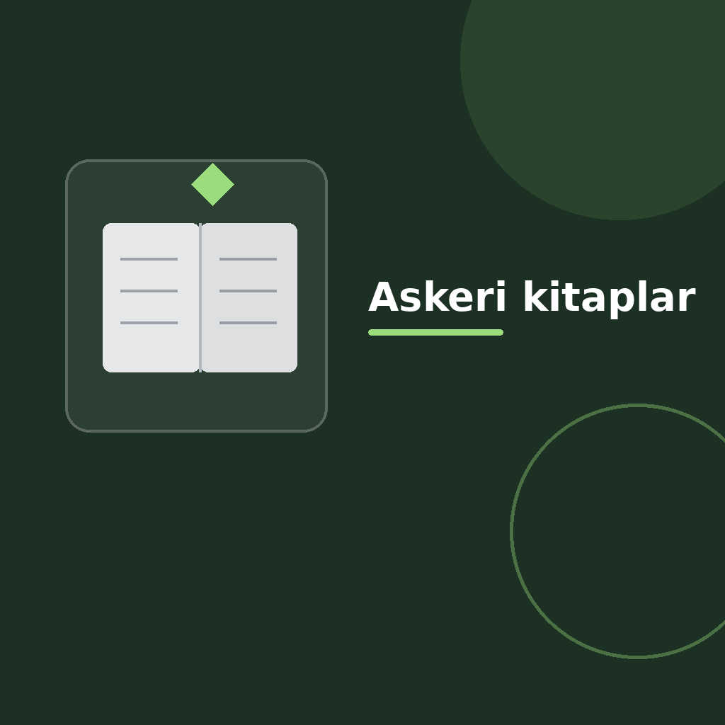 Üzerinde “Askeri kitaplar” yazan, koyu degrade zeminde açık kitap simgesi, modern geometrik şekiller ve kategoriye uygun vurgu detayı bulunan kare dijital yayıncılık görseli.
