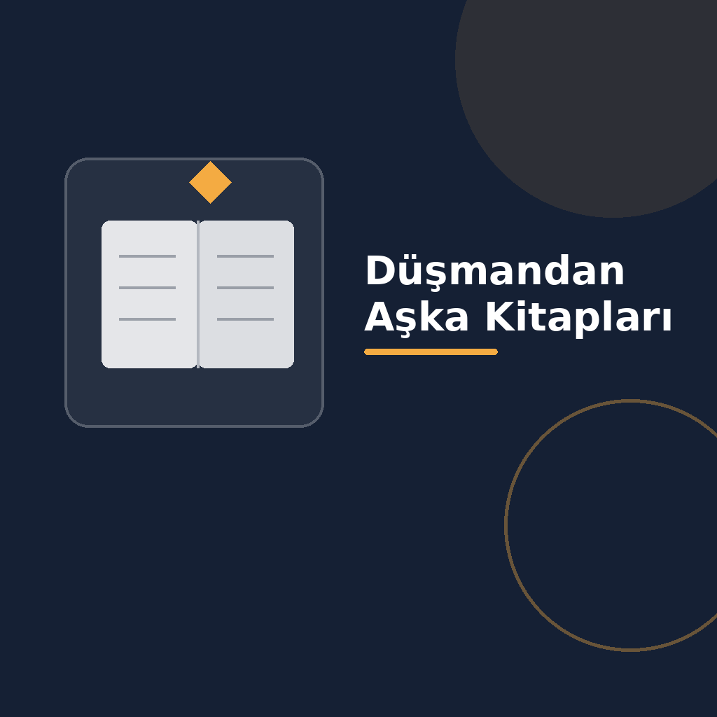 Üzerinde “Düşmandan Aşka Kitapları” yazan, koyu degrade zeminde açık kitap simgesi, modern geometrik şekiller ve kategoriye uygun vurgu detayı bulunan kare dijital yayıncılık görseli.