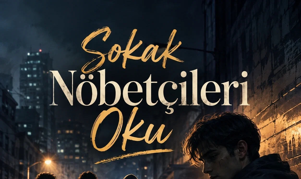 Üzerinde “Sokak Nöbetçileri Oku” yazan, yağmurlu gece sokağında yürüyen üç kişi ve sağ tarafta duran bir gencin yer aldığı görsel.