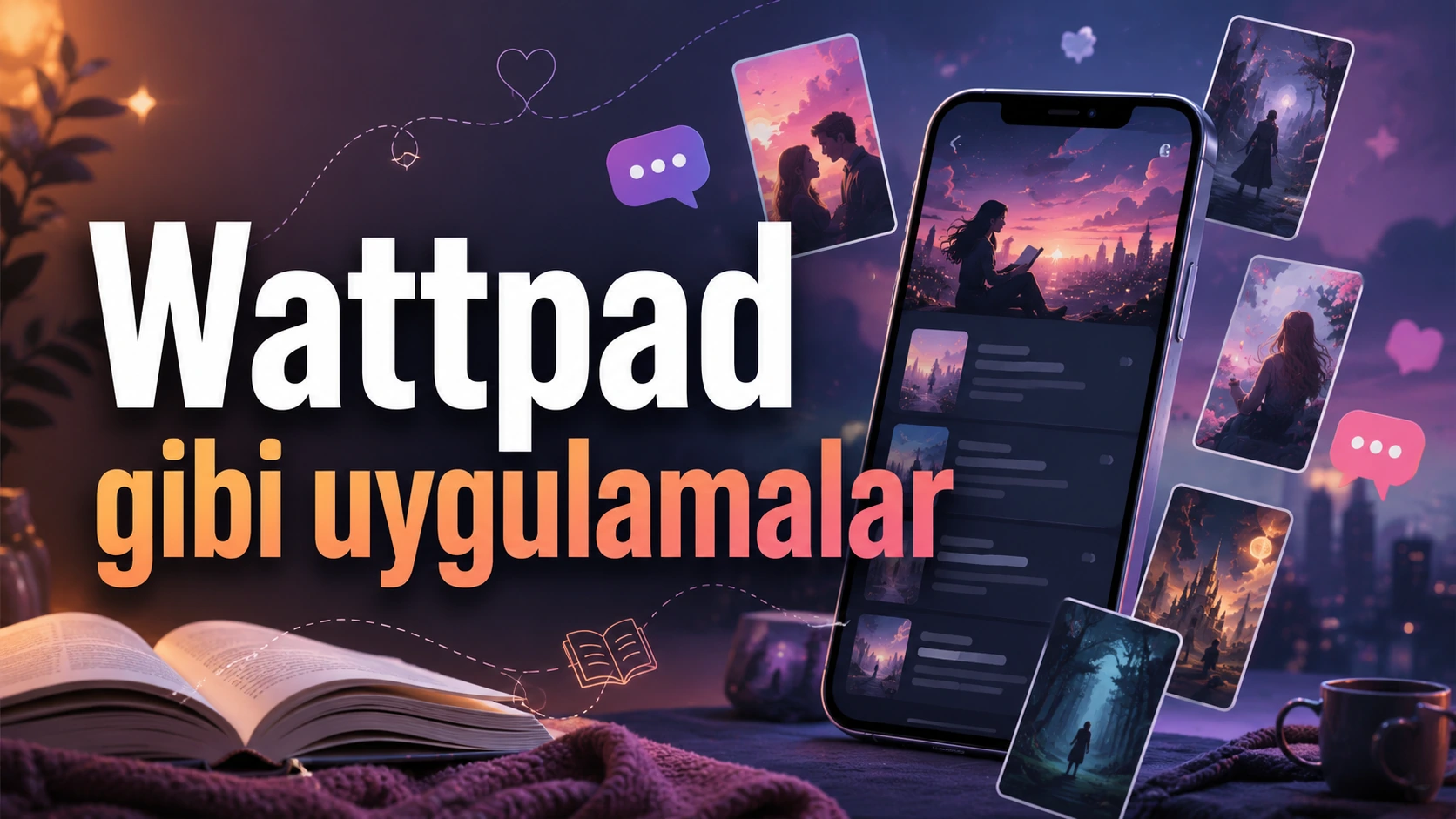 Üzerinde “Wattpad gibi uygulamalar” yazan, telefon ekranı, dijital hikâye kartları ve kitap temalı yatay görsel.