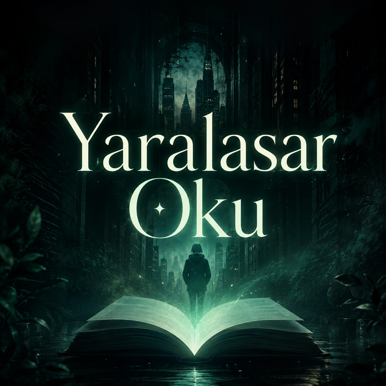 Üzerinde “Yaralasar Oku” yazan, açık kitap, şehir silüeti ve uzakta duran bir kişinin yer aldığı koyu yeşil tonlu görsel.