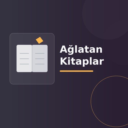 Üzerinde “Ağlatan Kitaplar” yazan, koyu degrade zeminde stilize açık kitap, sayfa çizgileri ve modern geometrik şekiller bulunan dijital yayıncılık görseli.