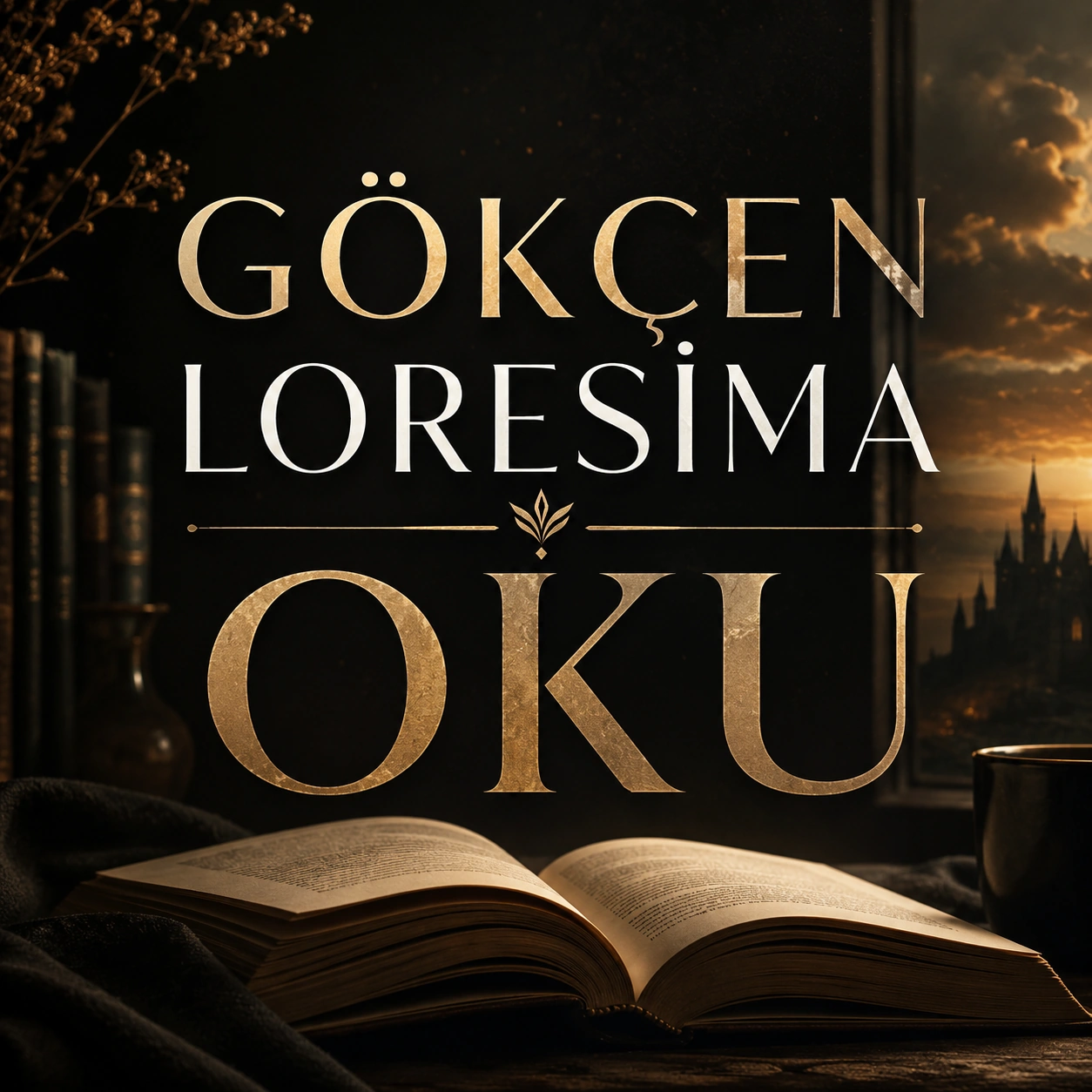 Açık kitap, gün batımı ve karanlık kütüphane atmosferi üzerinde Gökçen Loresima Oku yazısı