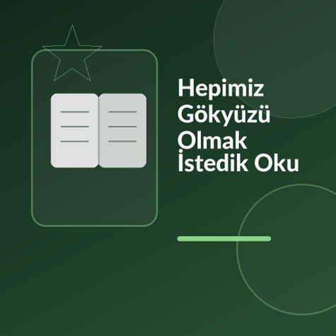Üzerinde “Hepimiz Gökyüzü Olmak İstedik Oku” yazan, yıldızlı gökyüzü, element halkaları, ejderha gölgesi ve saray kuleleri temalı modern kare kitap görseli.
