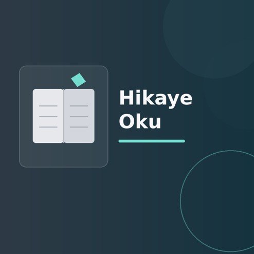 Üzerinde “Hikaye Oku” yazan, koyu degrade zeminde stilize açık kitap, sayfa çizgileri ve modern geometrik şekiller bulunan dijital yayıncılık görseli.