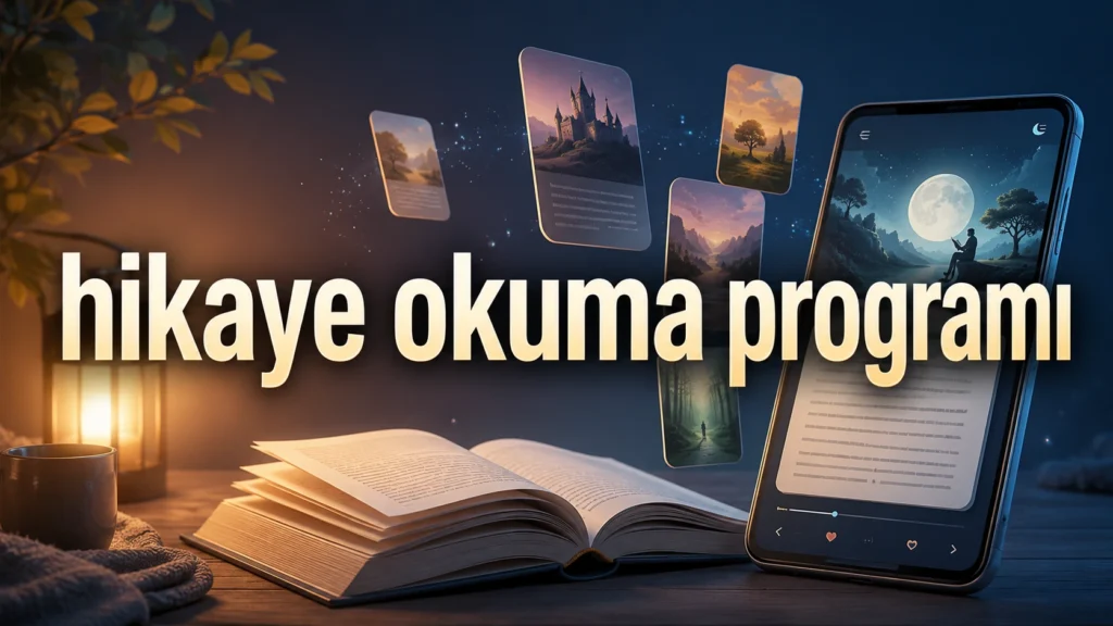 Üzerinde “hikaye okuma programı” yazan, açık kitap, telefon ekranı ve dijital hikâye kartları bulunan yatay görsel.