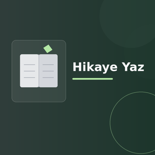 Üzerinde “Hikaye Yaz” yazan, koyu degrade zeminde stilize açık kitap, sayfa çizgileri ve modern geometrik şekiller bulunan dijital yayıncılık görseli.