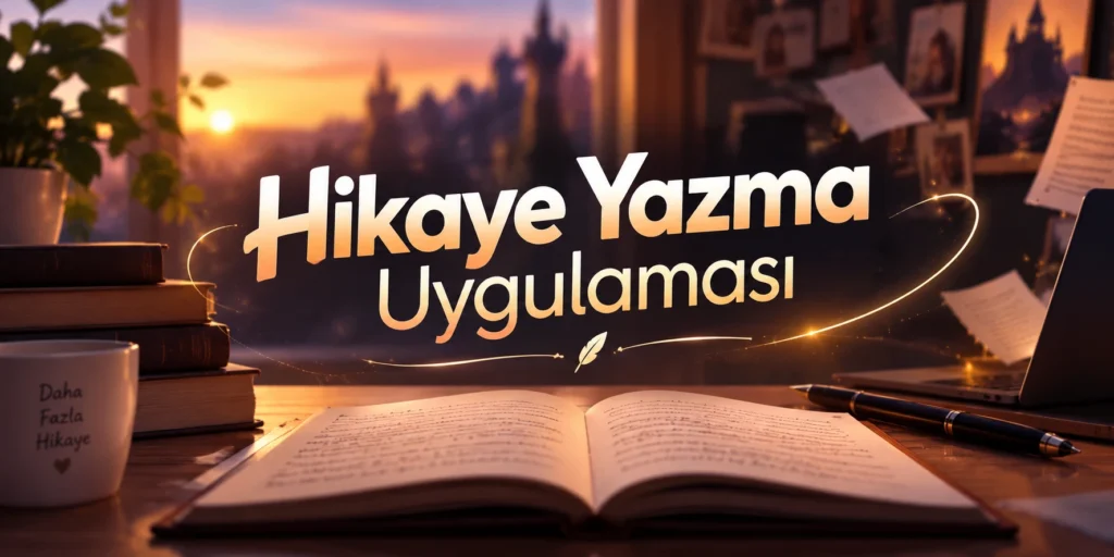 Üzerinde hikaye yazma uygulaması yazan, arka planında kitaplar, açık defter, kalem ve modern yazı yazma ortamı bulunan yatay görsel.