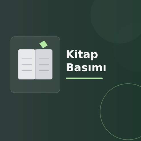 Üzerinde “Kitap Basımı” yazan, koyu degrade zeminde stilize açık kitap, sayfa çizgileri ve modern geometrik şekiller bulunan dijital yayıncılık görseli.