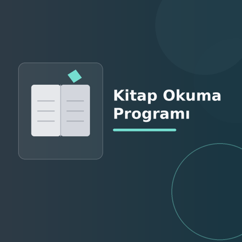 Üzerinde “Kitap Okuma Programı” yazan, koyu degrade zeminde stilize açık kitap, sayfa çizgileri ve modern geometrik şekiller bulunan dijital yayıncılık görseli.