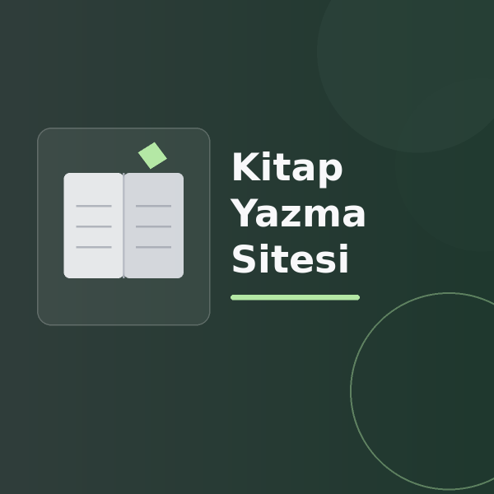 Üzerinde “Kitap Yazma Sitesi” yazan, koyu degrade zeminde stilize açık kitap, sayfa çizgileri ve modern geometrik şekiller bulunan dijital yayıncılık görseli.