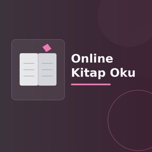 Üzerinde “Online Kitap Oku” yazan, koyu degrade zeminde stilize açık kitap, sayfa çizgileri ve modern geometrik şekiller bulunan dijital yayıncılık görseli.