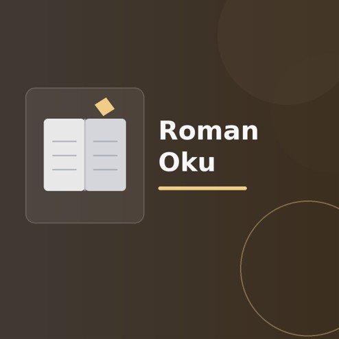 Üzerinde “Roman Oku” yazan, koyu degrade zeminde stilize açık kitap, sayfa çizgileri ve modern geometrik şekiller bulunan dijital yayıncılık görseli.