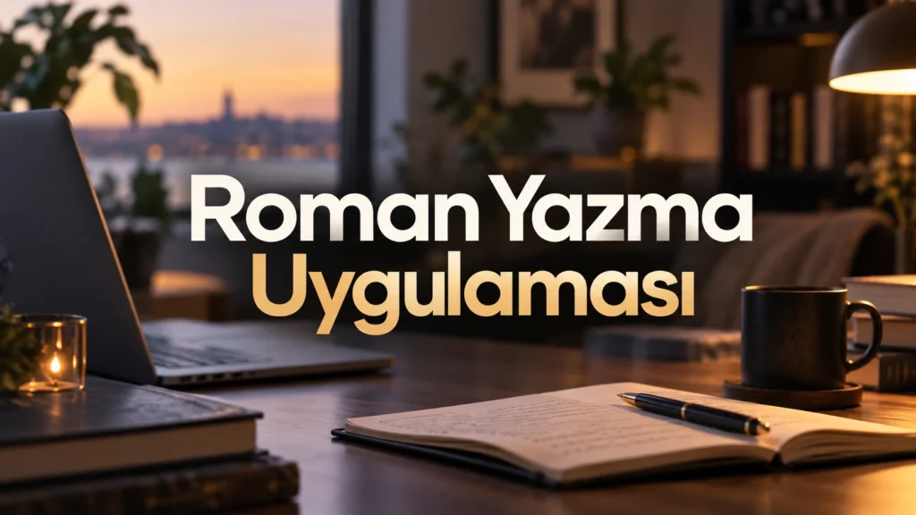 Üzerinde Roman Yazma Uygulaması yazan, arka planında açık defter, kalem, kitaplar ve modern bir yazarlık çalışma alanı bulunan yatay görsel.