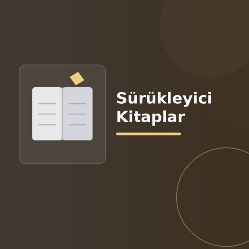 Üzerinde “Sürükleyici Kitaplar” yazan, koyu degrade zeminde stilize açık kitap, sayfa çizgileri ve modern geometrik şekiller bulunan dijital yayıncılık görseli.