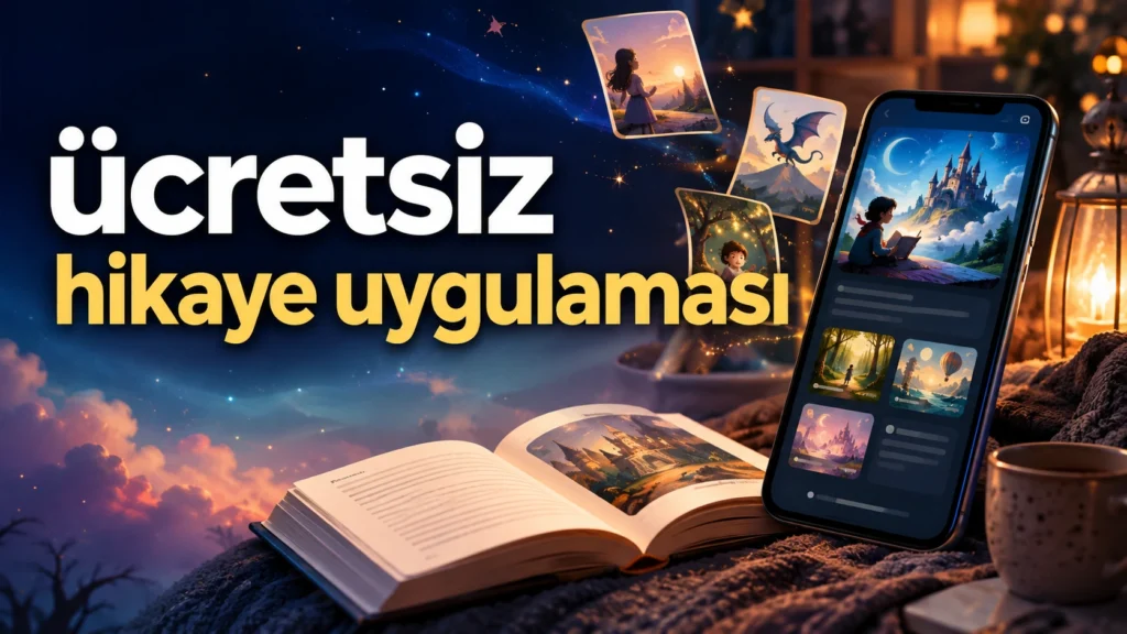Üzerinde “ücretsiz hikaye uygulaması” yazan, telefon ekranı, açık kitap ve dijital hikâye kartları bulunan yatay görsel.