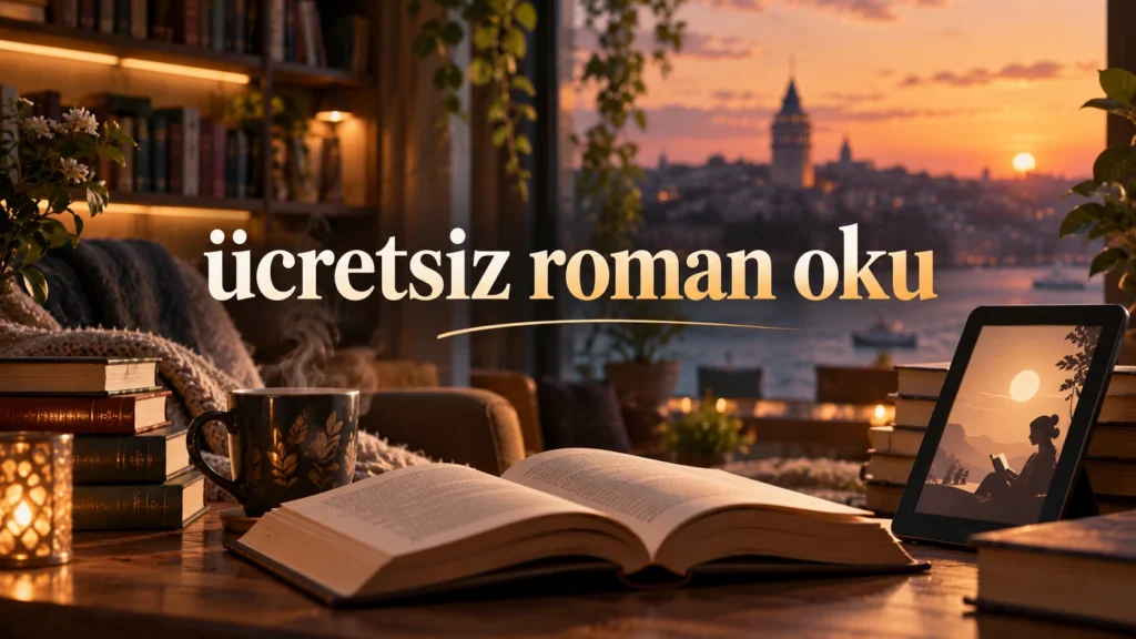 Üzerinde ücretsiz roman oku yazan, arka planında kitaplar, açık kitap ve modern okuma atmosferi bulunan yatay görsel.
