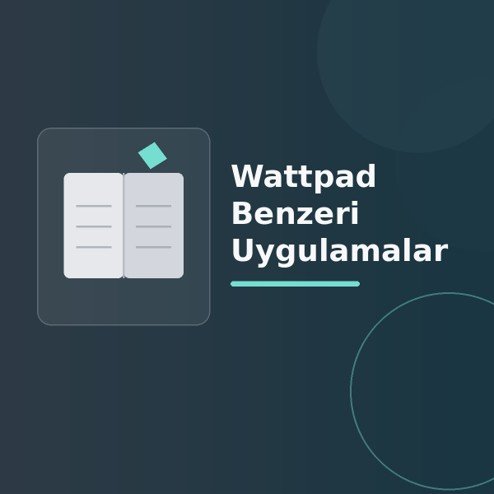 Üzerinde “Wattpad Benzeri Uygulamalar” yazan, koyu degrade zeminde stilize açık kitap, sayfa çizgileri ve modern geometrik şekiller bulunan dijital yayıncılık görseli.