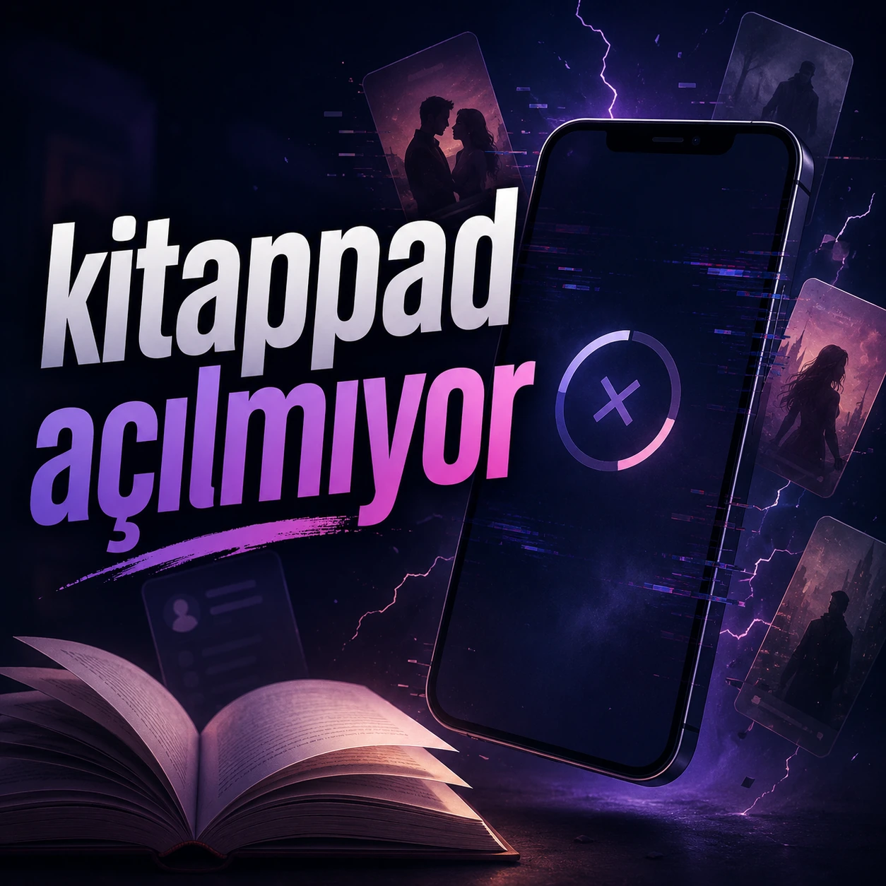 Üzerinde “kitappad açılmıyor” yazan, hata veren telefon ekranı, açık kitap ve dijital hikâye kartları bulunan kare görsel.